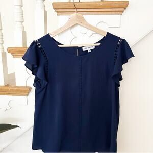 The Pink Box Navy Blue Blouse Ruffle Sleeve Diamond Ladder Trim Top Size S Small